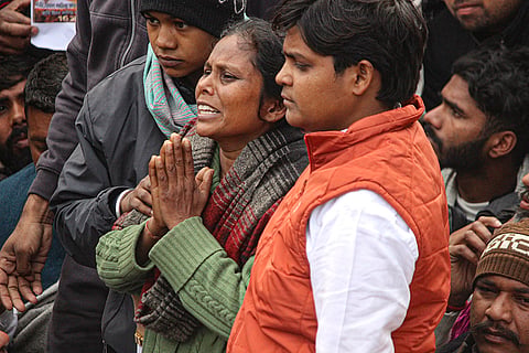 Family members of Sonu Kashyap interact with the media during a Mahapanchayat organised at the Meerut Commissionerate over the alleged murder of Sonu, in Meerut, Uttar Pradesh.