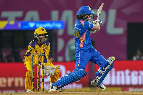 Mumbai Indians' Nat Sciver-Brunt plays a shot during the Women's Premier League (WPL) 2026 T20 cricket match between Mumbai Indians and UP Warriorz, at the DY Patil Stadium, in Navi Mumbai.