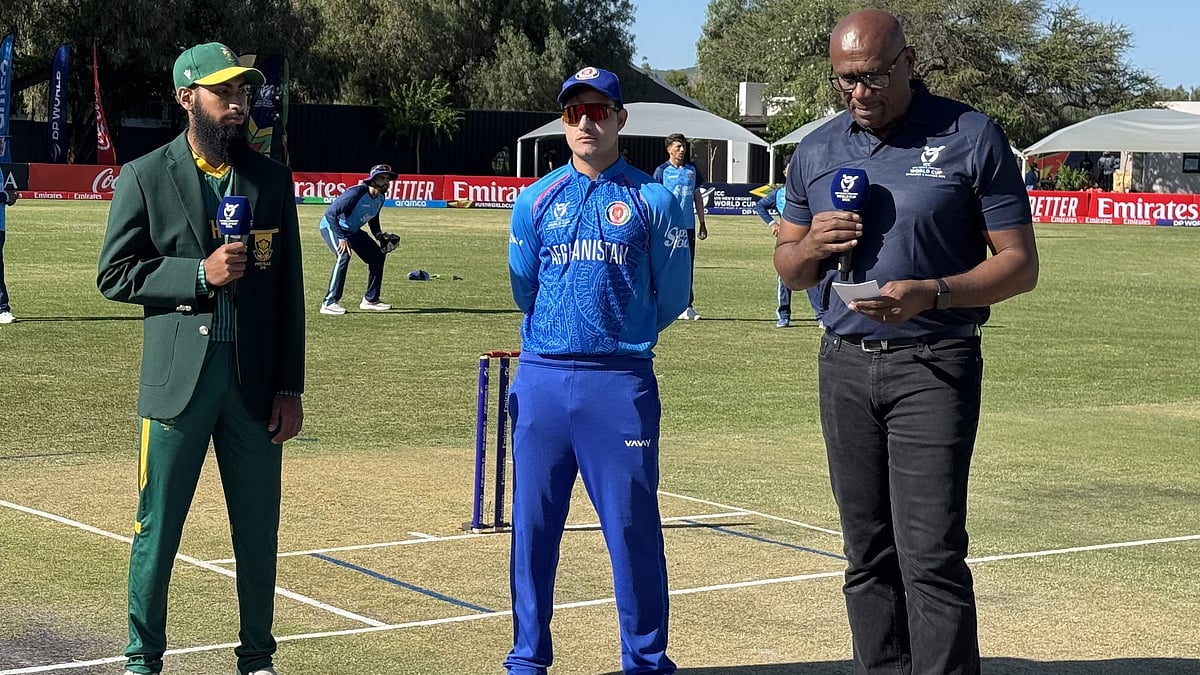 X/Afghanistan Cricket Board : Captains at the toss for game 6 of ICC Under-19 World Cup 2026 between Afghanistan and South Africa in Windhoek.