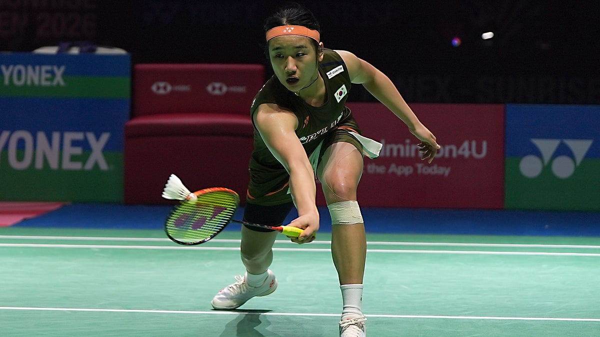 BAI : An Se Young of South Korea in action during the women's singles semi-finals of India Open 2026.