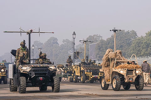 Indian Army vehicles during rehearsals for the upcoming Republic Day Parade, in New Delhi.
