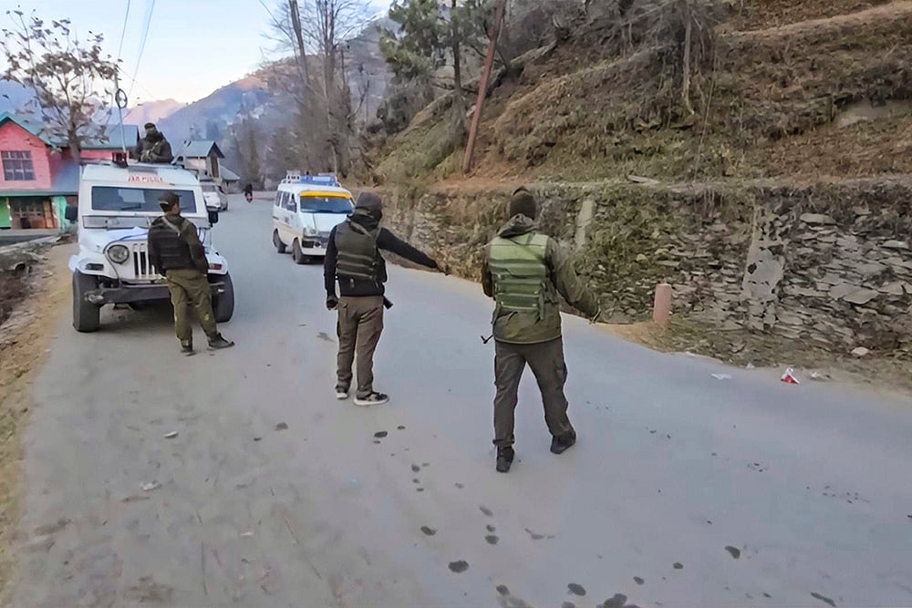 | Photo: PTI : Security personnel keep vigil amid high alert after three terrorist hideouts were busted in J-K's Kathu district, ahead of Republic Day celebrations, in Doda district, Jammu and Kashmir. (REPRESENTATIONAL IMAGE)
