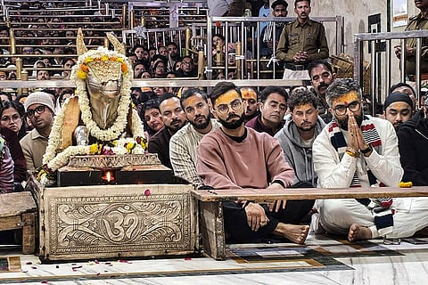 Cricketers Virat Kohli and Kuldeep Yadav offer prayers at Mahakaleshwar Temple, in Ujjain, Madhya Pradesh.