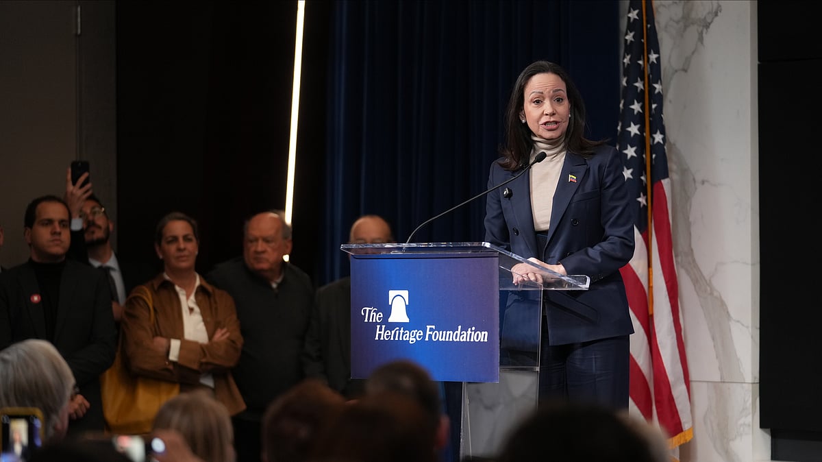 Venezuelan opposition leader Maria Corina Machado speaks at the Heritage Foundation, an influential conservative think tank, a day after meeting with President Donald Trump and members of Congress, on Capitol Hill in Washington Friday, Jan. 16, 2026. (AP Photo/J. Scott Applewhite) - Source: AP