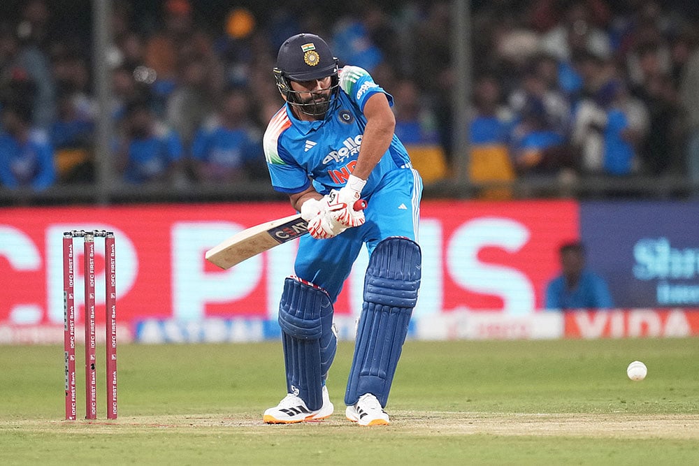 Indias Rohit Sharma plays a shot 
