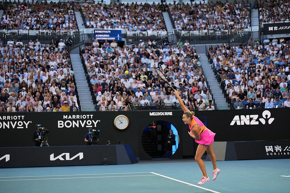 Aryna Sabalenka of Belarus serves to Tiantsoa Rakotomanga Rajaonah of France