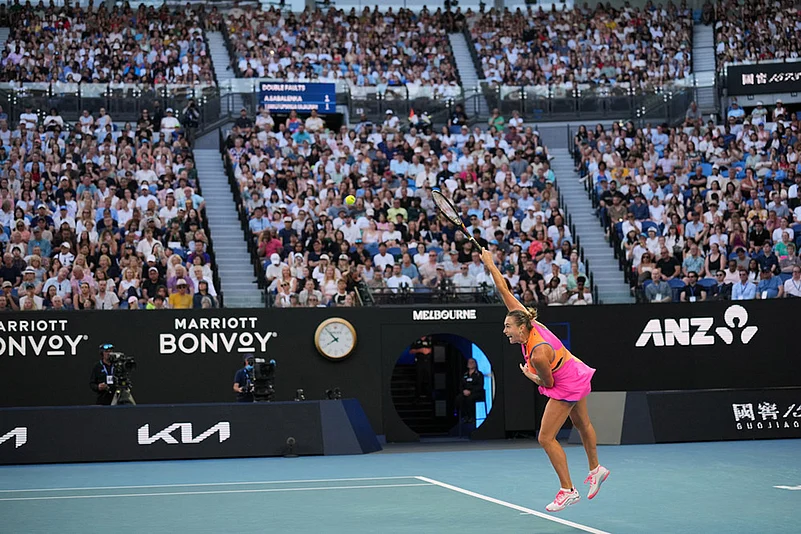Aryna Sabalenka of Belarus serves to Tiantsoa Rakotomanga Rajaonah of France