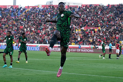 Nigeria's Akor Adams celebrates after scoring a goal which was later disallowed, during the Africa Cup of Nations third place game between Egypt and Nigeria in Casablanca, Morocco.