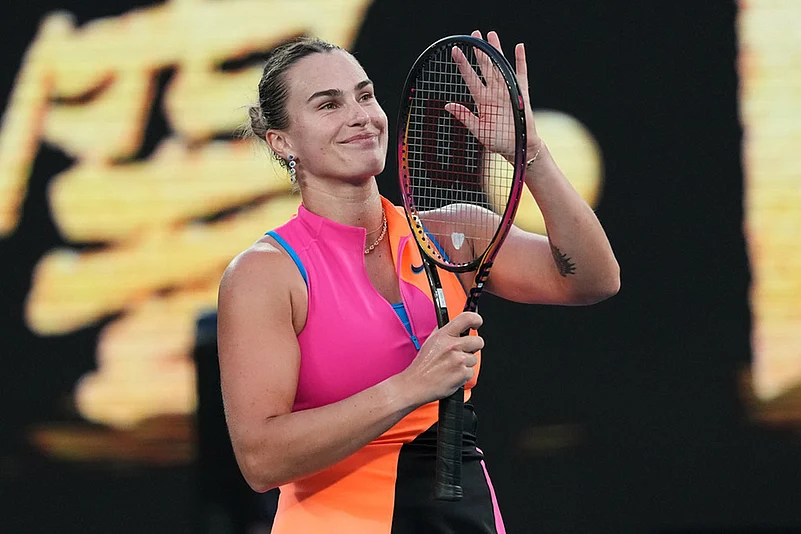 Aryna Sabalenka of Belarus reacts after defeating Tiantsoa Rakotomanga Rajaonah