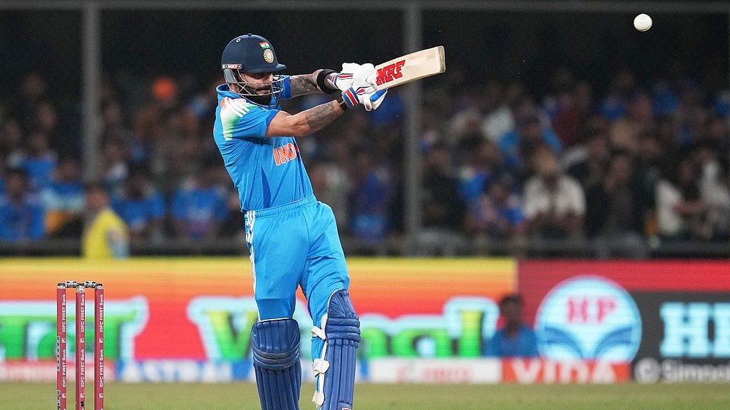 Photo: AP : Virat Kohli plays a shot during the third ODI between India and New Zealand in Indore.