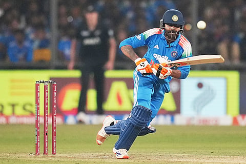 India's Ravindra Jadeja plays a shot during the third One Day International cricket match between India and New Zealand in Indore, India.