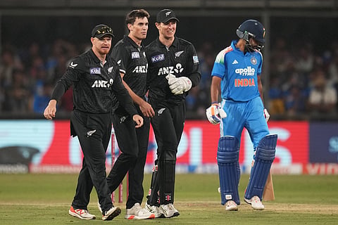 New Zealand's Kristian Clarke, second left, celebrates with teammates the wicket of India's Shreyas Iyer, right, during the third One Day International cricket match between India and New Zealand in Indore, India.
