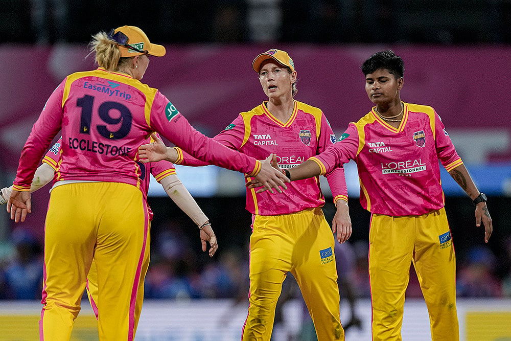 | Photo: PTI/Kunal Patil : UP Warriorz's players during the Women's Premier League (WPL) T20 cricket match between Mumbai Indians and UP Warriorz, at the DY Patil Stadium, in Navi Mumbai.