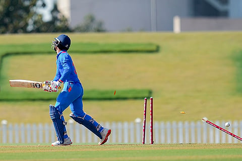 Vidarbha’s Aman Mokhade bowled by Saurashtra's Ankur Panwar during the Vijay Hazare Trophy final cricket match between Vidarbha and Saurashtra, at the BCCI Centre of Excellence ground in Bengaluru.