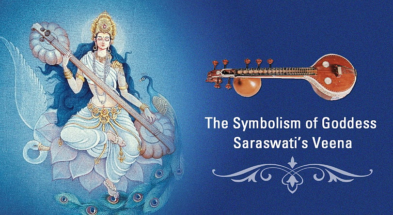 An illustration of Hindu Goddess Saraswati with text The Symbolism of Goddess Saraswati’s Veena.