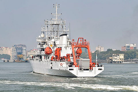 In this image posted on Jan. 18, 2026, INS Sagardhwani, India’s oceanographic research vessel under the Naval Physical and Oceanographic Laboratory (NPOL) of DRDO, during its flagging-off ceremony, in Kochi.