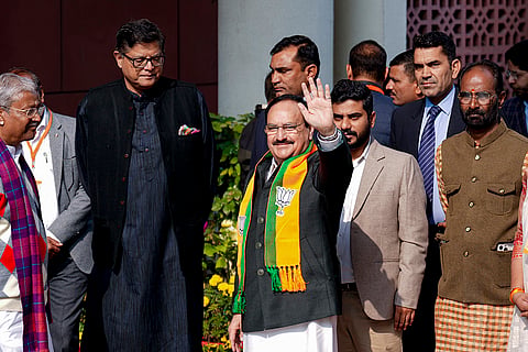 Union Minister and BJP National President J.P. Nadda arrives at party headquarters for the election of the party's new National President, in New Delhi.