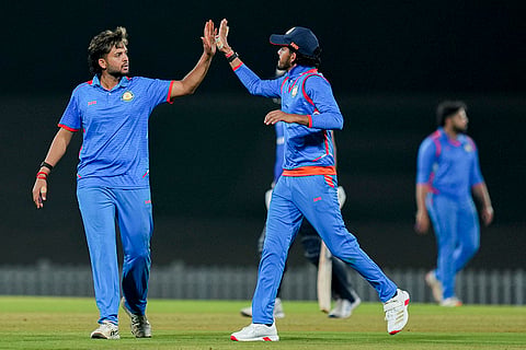 Vidarbha's Harsh Dubey celebrates after taking the wicket of Saurashtra's Prerak Mankad during the Vijay Hazare Trophy 2025-26 final cricket match between Vidarbha and Saurashtra, at BCCI Centre of Excellence, in Bengaluru, Karnataka.