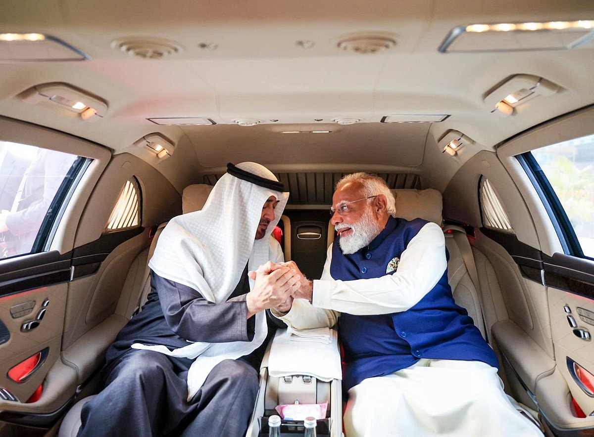 In this image posted on Jan. 19, 2026, Prime Minister Narendra Modi, right, with UAE President Sheikh Mohamed bin Zayed Al Nahyan on latter's arrival, in New Delhi. (@narendramodi/X via PTI Photo)