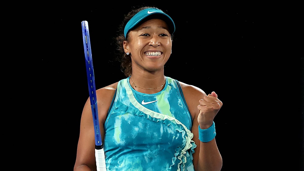 Naomi Osaka celebrating her battling first-round win at the Australian Open