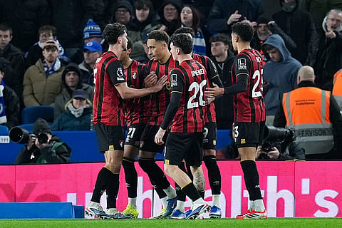 Bournemouth's Marcus Tavernier celebrates scoring the opening goal during the English Premier League match between Brighton & Hove Albion and AFC Bournemouth in Brighton and Hove, England.