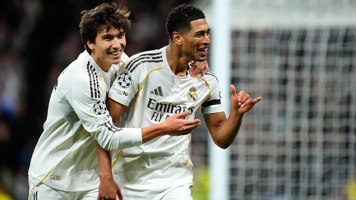 (AP Photo/Jose Breton) : Real Madrid's Jude Bellingham celebrates his side's sixth goal during the Champions League opening phase soccer match between Real Madrid and Monaco in Madrid on Tuesday, Jan. 20, 2026