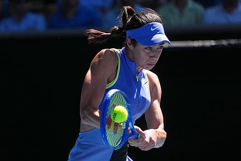 Olga Danilovic of Serbia plays a backhand return to Coco Gauff of the U.S. during their second round match at the Australian Open tennis championship in Melbourne, Australia.