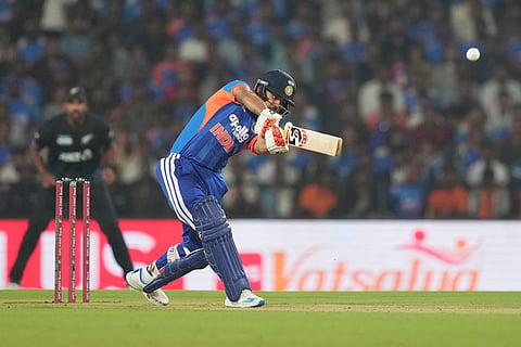 India's Ishan Kishan plays a shot during the first T20 cricket match between India and New Zealand in Nagpur, India.