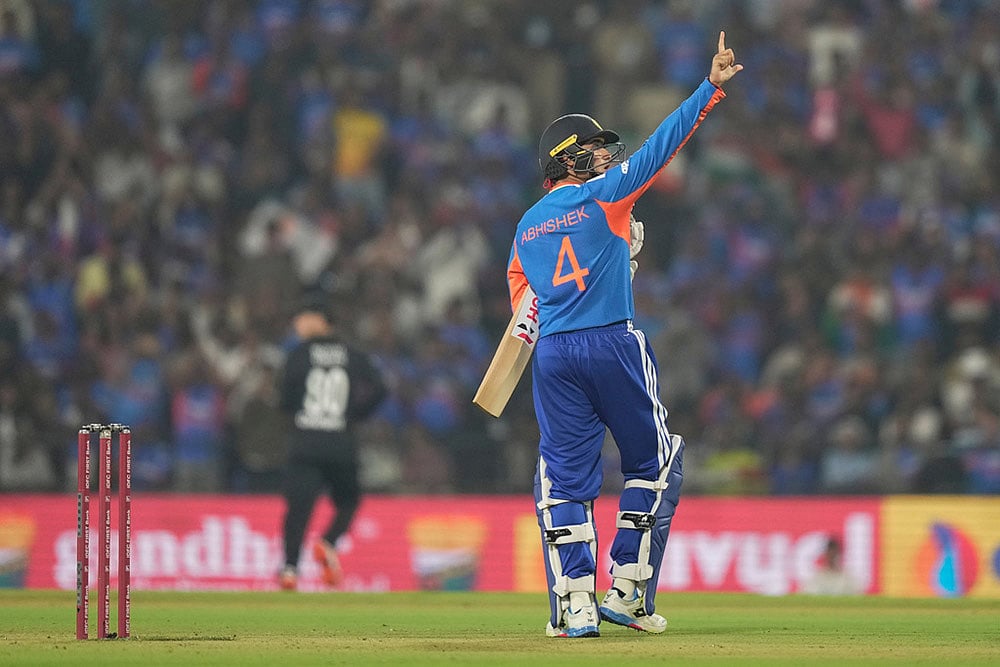 Indias Abhishek Sharma celebrates after scoring fifty 