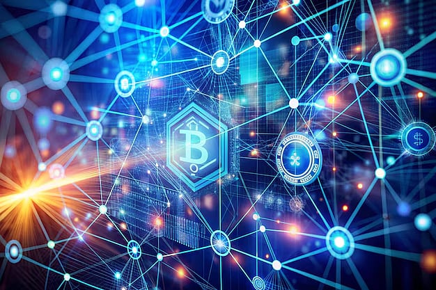 A glowing blue Bitcoin symbol at the center of a complex web of interconnected digital nodes.