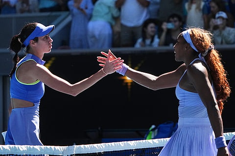 Coco Gauff, right, of the U.S. is congratulated by Olga Danilovic, left, of Serbia following their second round match at the Australian Open tennis championship in Melbourne, Australia.