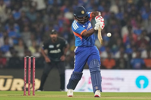 India's Sanju Samson plays a shot during the first T20 cricket match between India and New Zealand in Nagpur, India.
