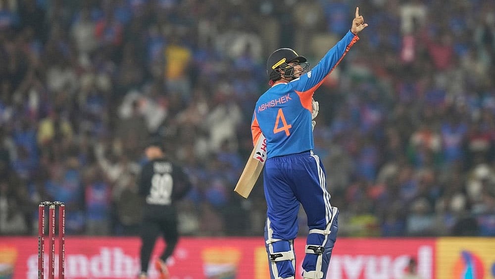 | Photo: AP/Mahesh Kumar A. : India's Abhishek Sharma celebrates after scoring fifty runs during the first T20 cricket match between India and New Zealand in Nagpur, India.