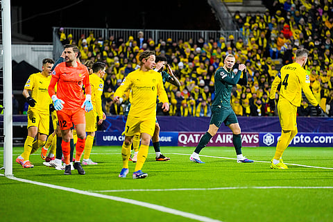 Manchester City's Erling Haaland in action during the Champions League soccer match between Bodo/Glimt and Manchester City in Bodo, Norway.