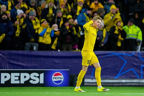 Glimt's Jens Petter Hauge celebrates after scoring during the Champions League soccer match between Bodo/Glimt and Manchester City in Bodo, Norway.