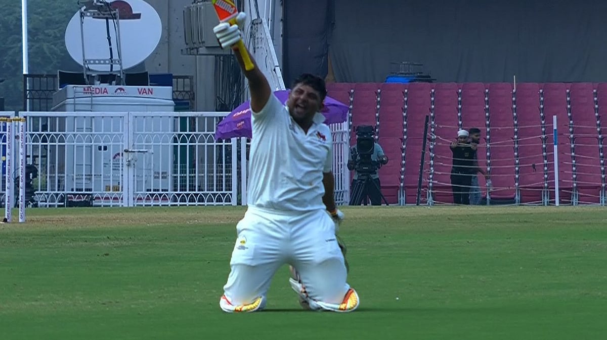 BCCIdomestic/X : Sarfaraz Khan scored a century for Mumbai against Hyderabad in Ranji Trophy 2025-26 Round 6. 