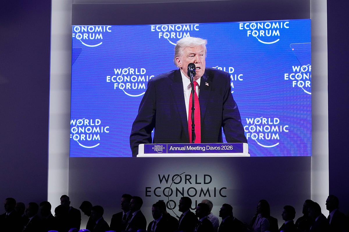 (AP Photo/Markus Schreiber) : President Donald Trump speaks during the Annual Meeting of the World Economic Forum in Davos, Switzerland, Wednesday, Jan. 21, 2026.