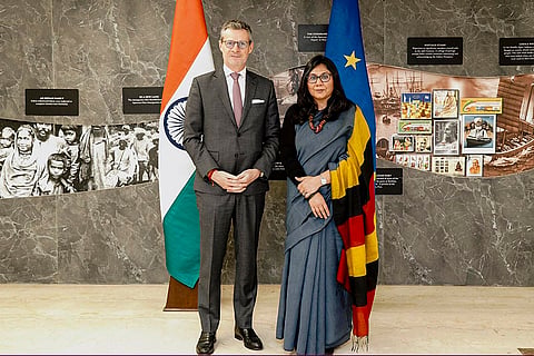 European Union Ambassador to India Herve Delphin, left, and MEA Joint Secretary Priyanka Chauhan during the first meeting of the Joint Steering Committee (JSC) for India-EU Trilateral Cooperation, in New Delhi. 