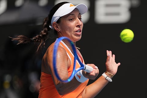 Jessica Pegula of the U.S. plays a forehand return to to compatriot McCartney Kessler during their second round match at the Australian Open tennis championship in Melbourne, Australia.