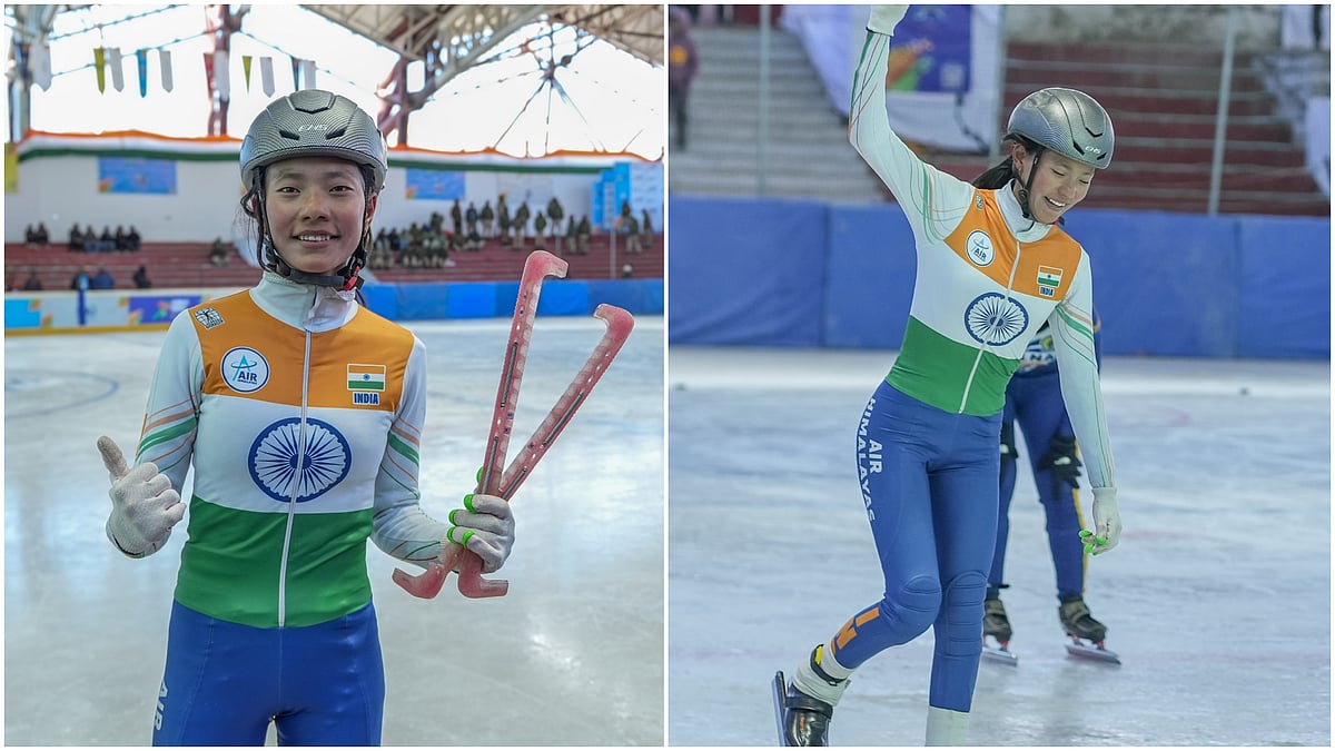 | Photo: KIWG 2026 : Skarma Tsultim celebrating her gold medal victory in short track speed skate 1000m at KIWG 2025.