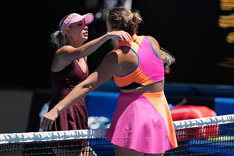 Aryna Sabalenka, right, of Belarus, is congratulated by Anastasia Potapova, left, of Austria following their third round match at the Australian Open tennis championship in Melbourne, Australia.