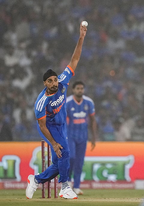 Arshdeep Singh bowls during the second T20I cricket match between India and New Zealand, at Shaheed Veer Narayan Singh International Cricket Stadium, in Raipur, Chhattisgarh.