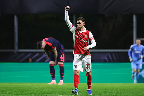 Braga's Ricardo Horta celebrates after Nottingham Forest's Ryan Yates scored an own goal to open the score during the Europa League opening phase soccer match between SC Braga and Nottingham Forest in Braga, Portugal.