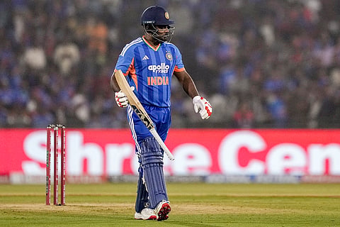 India's Sanju Samson walks off the field after his dismissal during the second T20I cricket match between India and New Zealand, at Shaheed Veer Narayan Singh International Cricket Stadium, in Raipur, Chhattisgarh.