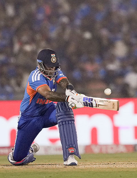India's captain Suryakumar Yadav plays a shot during the second T20I cricket match between India and New Zealand, at Shaheed Veer Narayan Singh International Cricket Stadium, in Raipur, Chhattisgarh.