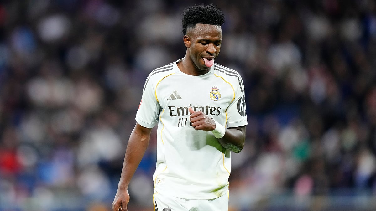 | Photo: AP/Jose Breton : Real Madrid's Vinicius Junior reacts during the Spanish La Liga soccer match between Real Madrid and Levante in Madrid, Spain, Saturday, Jan. 17, 2026. 