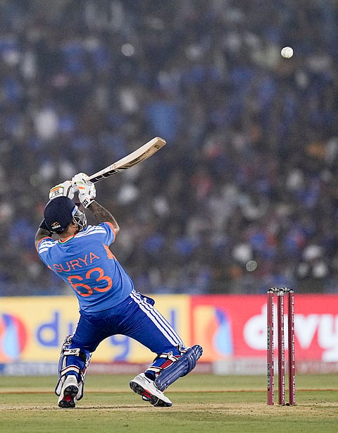 India's captain Suryakumar Yadav plays a shot during the second T20I cricket match between India and New Zealand, at Shaheed Veer Narayan Singh International Cricket Stadium, in Raipur, Chhattisgarh.