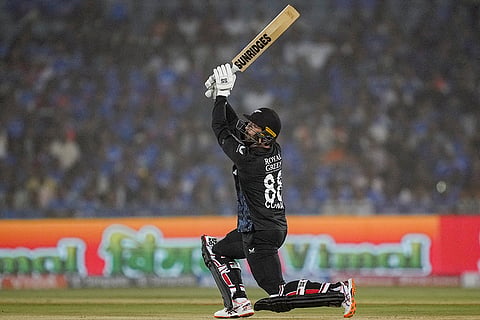 New Zealand's Devon Conway plays a shot during the second T20I cricket match between India and New Zealand, at Shaheed Veer Narayan Singh International Cricket Stadium, in Raipur, Chhattisgarh.