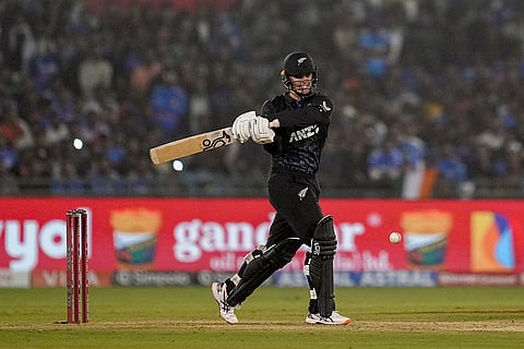 New Zealand's Mark Chapman plays a shot during the second T20I cricket match between India and New Zealand, at Shaheed Veer Narayan Singh International Cricket Stadium, in Raipur, Chhattisgarh.