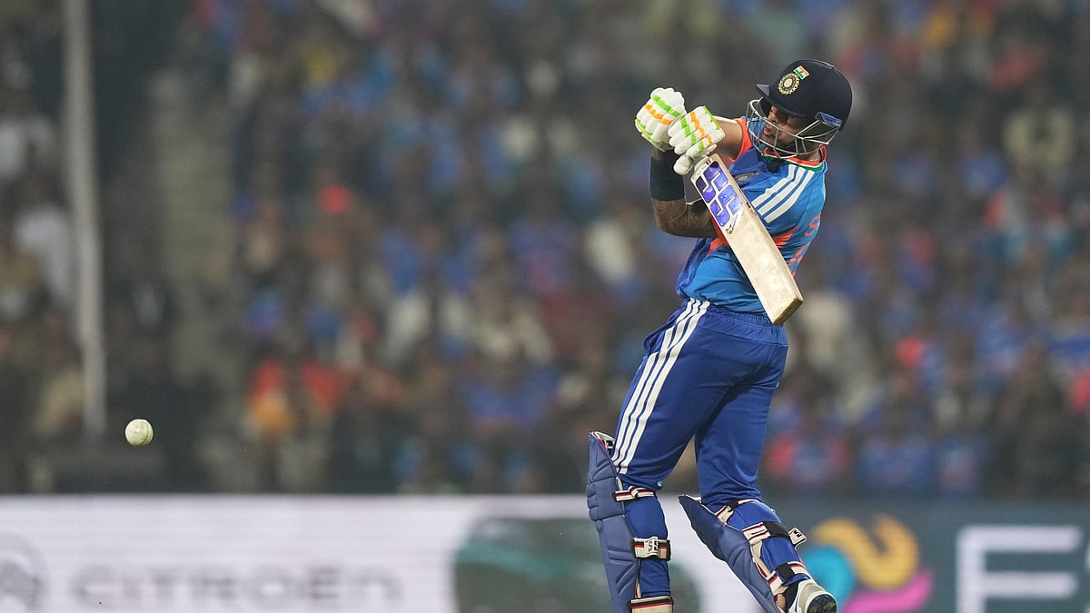(AP Photo/Mahesh Kumar A.) : India's captain Suryakumar Yadav plays a shot during the first T20 cricket match between India and New Zealand in Nagpur, India, Wednesday, Jan. 21, 2026.